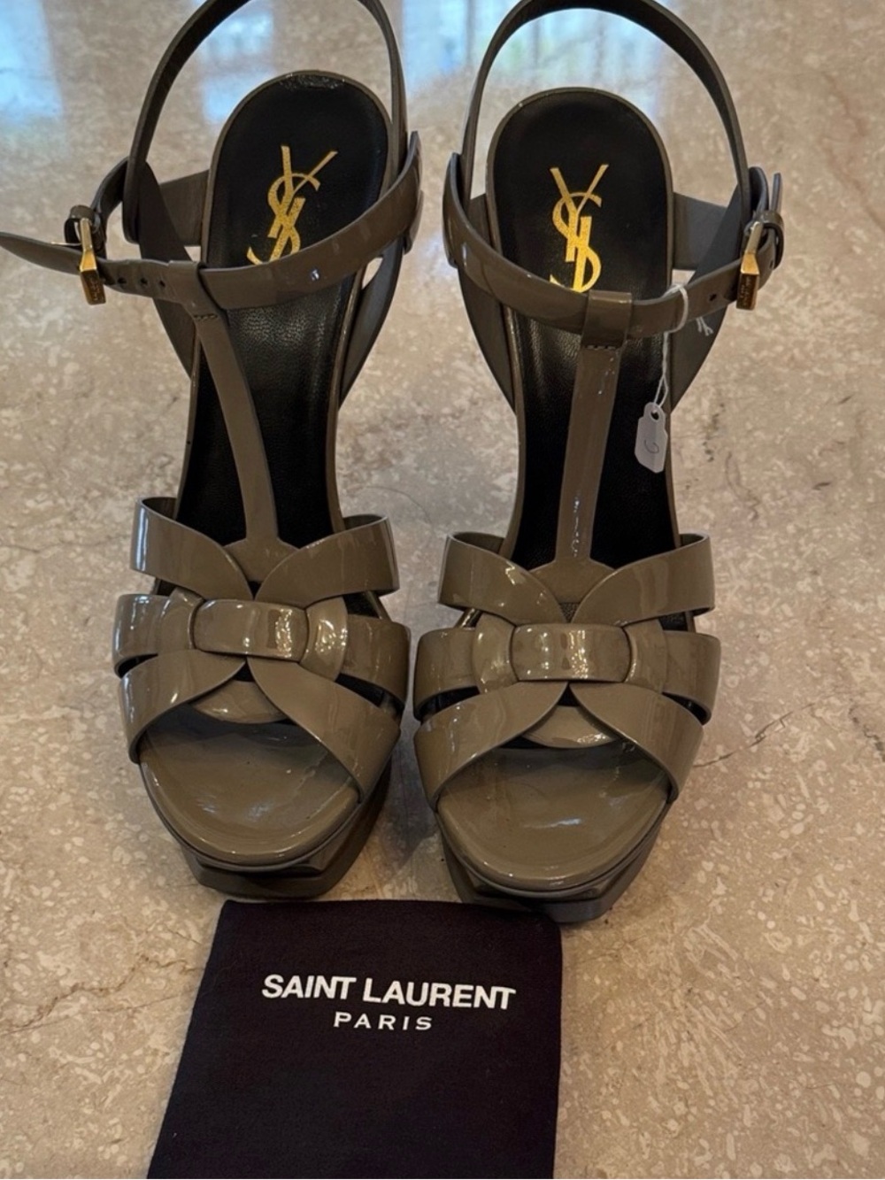 Saint Laurent Taupe Patent Leather T-Strap Knotted Platform Sandals